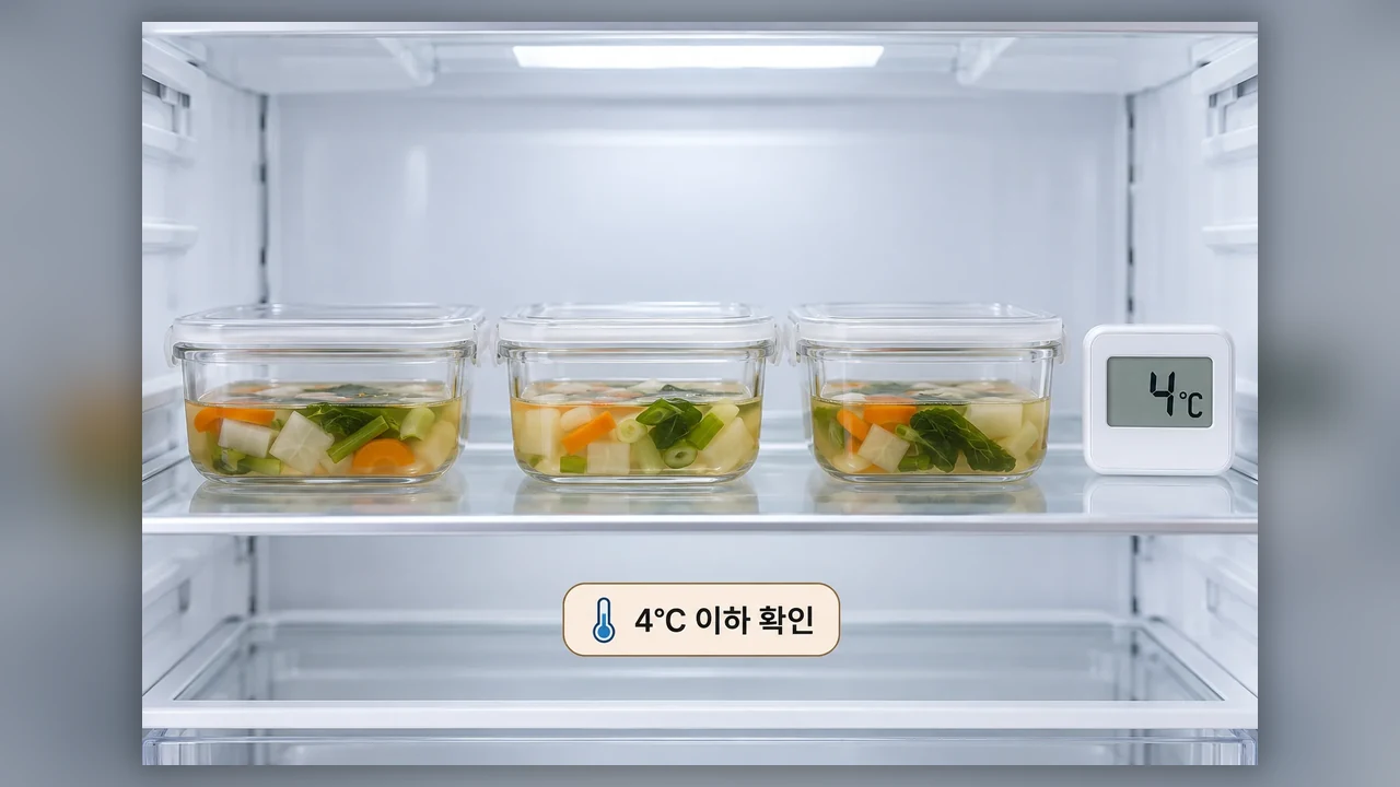 용기와 냉장고 자리 고르기 - 남은 국, 얕게 나눠 담아 제때 냉장 보관하기