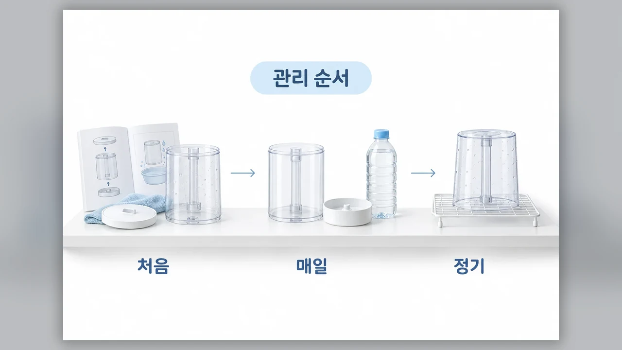 기억하기 쉬운 관리 순서 - 가습기 첫 사용 전 수조 청소, 물갈이와 구분하는 관리법