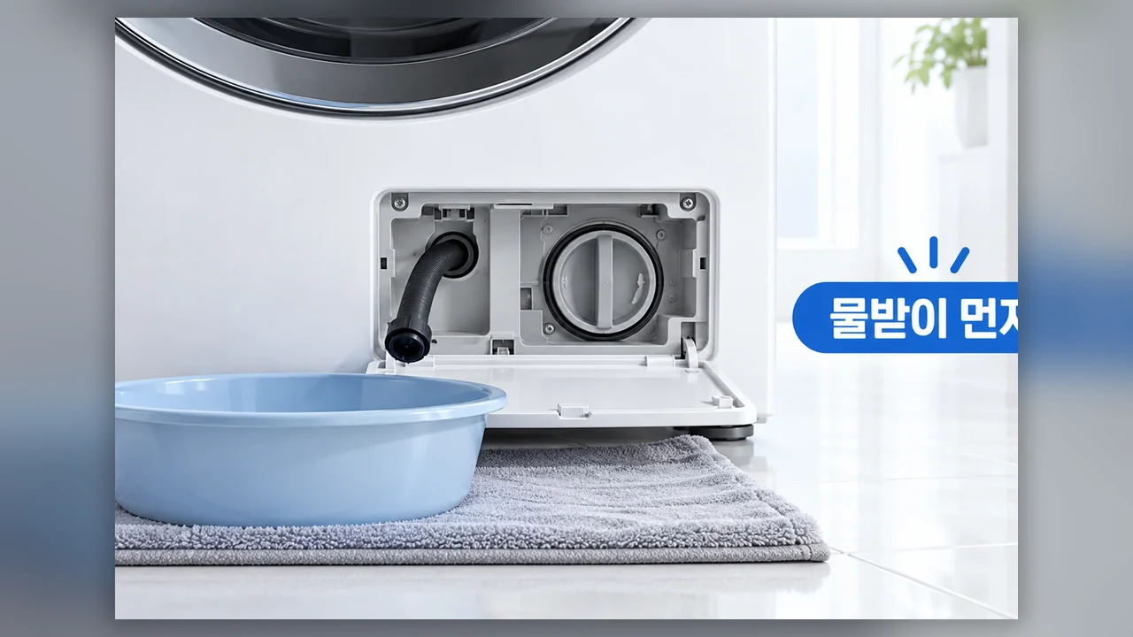 물받이와 잔수 호스 준비하기 - 드럼세탁기 배수필터 열기 전, 잔수부터 빼는 순서
