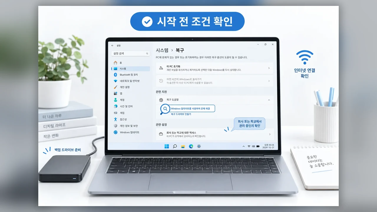 시작 전 확인할 조건 - 윈도우 업데이트 오류가 계속될 때, 파일과 앱을 지키는 재설치 순서