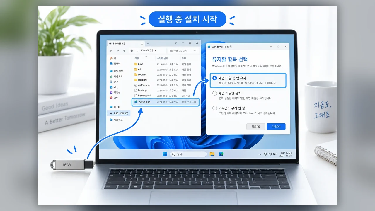 옵션이 없을 때 설치 미디어로 진행하기 - 윈도우 업데이트 오류가 계속될 때, 파일과 앱을 지키는 재설치 순서